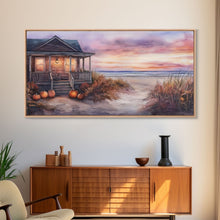 Cargar imagen en el visor de la galería, Rustic Beach Cottage Fall Scene Framed Canvas Print, Coastal Autumn Sunset Wall Art Ideal Autumn Gift, Seasonal Beach Decor
