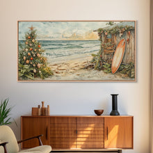 Load image into Gallery viewer, Christmas Tree Beside Rustic Beach House Coastal Holiday Scene Framed Canvas Print, Beach Christmas Wall Art And Decor
