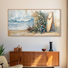 Cargar imagen en el visor de la galería, Coastal Christmas Scene Surfboards Christmas Tree Framed Canvas Print, Beach Holiday Decor Wall Art With Surfing Theme
