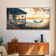 Load image into Gallery viewer, Cozy Autumn Porch with Pumpkins Framed Canvas Print, Warm Sunset Beach Scene Perfect Fall Seasonal Wall Art and Home Decor

