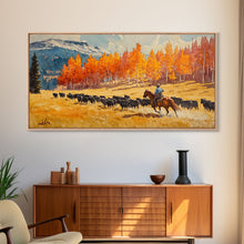 Load image into Gallery viewer, Cowboy Herding Cattle Under Mountains Framed Canvas Print Tall Art Autumn Country Landscape Fall Decor Western Wall Art Farmhouse Gift Idea
