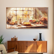 Load image into Gallery viewer, Thanksgiving table scene with food, pies and fall decor, Framed Canvas Print with pumpkins sunlight, autumn harvest home wall art and decor
