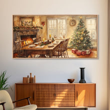 Load image into Gallery viewer, Rustic Christmas dining room scene with a Christmas tree, Framed Canvas Print with a festive table warm fireplace, farmhouse holiday decor
