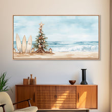 Carregar imagem no visualizador da galeria, Beach Christmas scene with surfboards and decorated tree, tropical holiday art framed canvas print, perfect coastal seasonal decor

