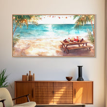 Load image into Gallery viewer, Beach Christmas decor picnic setup with palm trees and lights, framed canvas print showcasing tropical coastal holiday art decor
