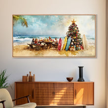 Cargar imagen en el visor de la galería, Christmas family picnic by the beach with surfboards and tree, framed canvas print tropical coastal holiday beach Christmas decor
