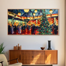Load image into Gallery viewer, Elegant ballroom Christmas tree with dancing couples, framed canvas print vibrant holiday party decor perfect seasonal wall art
