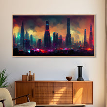 Load image into Gallery viewer, Dystopian Cyberpunk City, ready to hang canvas print wall art, framed canvas wall art, mancave wall art, Cyberpunk Art
