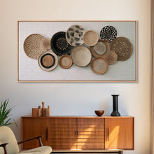 Load image into Gallery viewer, Basket Wall Decor Framed Canvas Print, Boho Wall Art, Wicker Round Bowl Art, Wicker Wall Art Print
