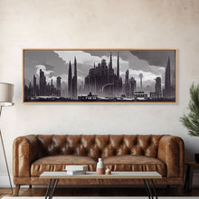 Load image into Gallery viewer, Dystopian Art Deco Style Architecture, Extra Large Wall Art, Framed Panoramic Canvas Print, Framed Wall Decor
