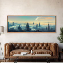 Load image into Gallery viewer, Cyberpunk City Above The Clouds, Futuristic Metropolis, Extra Large Wall Art, Framed Panoramic Canvas Print, Framed Wall Decor
