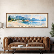 Load image into Gallery viewer, Bečići Beach, Montenegro Watercolor Print, Vacation Gift, Montenegro Wall Art, Beach Painting, Beach Decor, Large Wall Art, Wood Frame Art
