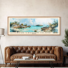 Load image into Gallery viewer, Blue Lagoon Island, Bahamas Watercolor Print, Vacation Gift, Bahamas Wall Art, Beach Painting, Beach Decor, Large Wall Art, Wood Frame Art
