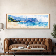 Carregar imagem no visualizador da galeria, Cala Salada, Spain Watercolor Beach Print, Vacation Gift, Spain Wall Art, Framed Canvas Print, Framed Beach Painting
