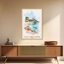Load image into Gallery viewer, Cala Pregonda, Spain Watercolor Print, Vacation Gift, Spain Wall Art, Beach Painting, Beach Decor, Large Wall Art, Wood Frame Art
