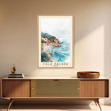 Carregar imagem no visualizador da galeria, Cala Salada, Spain Watercolor Beach Print, Vacation Gift, Spain Wall Art, Framed Canvas Print, Framed Beach Painting
