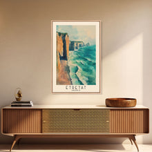 Load image into Gallery viewer, Étretat, France Watercolor Print, Vacation Gift, France Wall Art, Beach Painting, Beach Decor, Large Wall Art, Wood Frame Art
