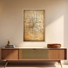 Load image into Gallery viewer, Distressed Houston map print poster canvas print, framed road map art, Texas map print poster canvas, Houston city map print poster canvas
