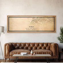 Load image into Gallery viewer, Dubai UAE Panoramic map print poster or framed canvas, Dubai map print poster canvas, Dubai city map print poster canvas, Vintage Travel Art
