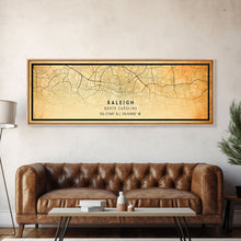 Load image into Gallery viewer, Panoramic Raleigh North Carolina map print poster or framed canvas, Raleigh map print poster canvas, city map Canvas print, Travel Art
