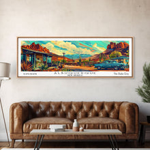 Carregar imagem no visualizador da galeria, Albuquerque New Mexico Panoramic Painting Framed Canvas Print, Mid Century Modern Art, Pop Art Style, Travel Poster, Wall Art Decor
