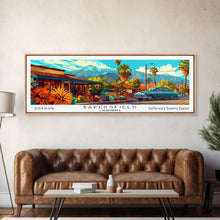 Carregar imagem no visualizador da galeria, Bakersfield California Panoramic Painting Framed Canvas Print, Mid Century Modern Art, Pop Art Style, Travel Poster, Living Room Decor
