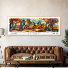 Carregar imagem no visualizador da galeria, Buffalo New York Panoramic Painting Framed Canvas Print, Mid Century Modern Art, Pop Art Style, Travel Poster, Living Room Decor
