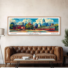 Cargar imagen en el visor de la galería, Charlotte North Carolina Panoramic Painting Framed Canvas Print, Mid Century Modern Art, Pop Art Style, Travel Poster, Wall Art Decor
