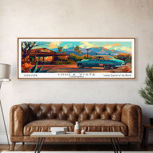 Cargar imagen en el visor de la galería, Chula Vista California Panoramic Wall Art Framed Canvas Print, Mid Century Modern Art, Pop Art Style, Travel Poster, Home Decor, Retro Style
