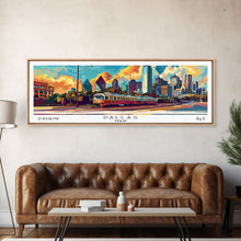 Load image into Gallery viewer, Dallas Texas Panoramic Wall Art Framed Canvas Print, Mid Century Modern Art, Pop Art Style, Travel Poster, Home Decor, Wall Hanging
