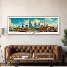 Load image into Gallery viewer, Forth Worth Texas Panoramic Painting Framed Canvas Print, Mid Century Modern Art, Pop Art Style, Travel Poster, Living Room Decor
