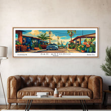 Load image into Gallery viewer, San Antonio Texas Panoramic Wall Art, Mid Century Modern Framed Canvas Print, Retro Pop Art Travel Poster, Home Decor

