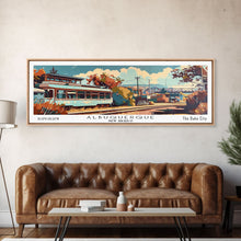 Load image into Gallery viewer, Albuquerque New Mexico Panoramic Painting, Mid Century Modern Framed Canvas Print, Retro Pop Art Travel Poster, Wall Decor, Office Art

