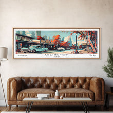 Carregar imagem no visualizador da galeria, Arlington Texas Panoramic Wall Art, Mid Century Modern Framed Canvas Print, Retro Pop Art Travel Poster, Office Wall Art, Living Room Decor
