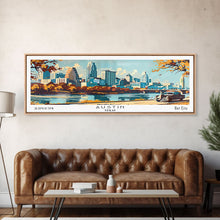 Carregar imagem no visualizador da galeria, Austin Texas Panoramic Painting, Mid Century Modern Framed Canvas Print, Retro Pop Art Travel Poster, Wall Art, Home Decor, Office Art, Gift Idea
