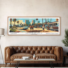 Carregar imagem no visualizador da galeria, Bakersfield California Panoramic Wall Art, Mid Century Modern Framed Canvas Print, Retro Pop Art Travel Poster, Office Wall Art, Living Room Decor

