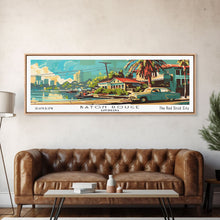 Load image into Gallery viewer, Baton Rouge Louisiana Panoramic Wall Art, Retro Pop Art Framed Canvas Print, Mid Century Modern Travel Poster, Living Room Decor, Office Art
