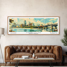 Cargar imagen en el visor de la galería, Charlotte North Carolina Panoramic Painting, Mid Century Modern Framed Canvas Print, Retro Pop Art Travel Poster, Wall Art, Home Decor, Office Art
