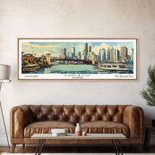 Cargar imagen en el visor de la galería, Chicago Illinois Panoramic Painting, Mid Century Modern Framed Canvas Print, Retro Pop Art Travel Poster, Wall Decor, Gift Idea, Home Decor
