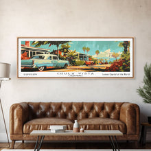 Cargar imagen en el visor de la galería, Chula Vista California Panoramic Painting, Mid Century Modern Framed Canvas Print, Retro Pop Art Travel Poster, Wall Decor, Office Art

