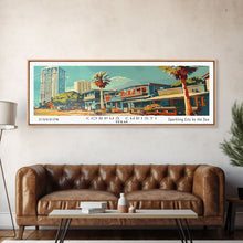 Cargar imagen en el visor de la galería, Corpus Christi Texas Panoramic Painting, Mid Century Modern Framed Canvas Print, Retro Pop Art Travel Poster, Wall Decor, Home Decor, Wall Hanging
