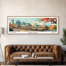 Load image into Gallery viewer, Durham North Carolina Panoramic Painting, Mid Century Modern Framed Canvas Print, Retro Pop Art Travel Poster, Wall Decor, Home Decor, Wall Hanging
