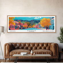 Carregar imagem no visualizador da galeria, Arvada Colorado Panoramic Painting, Mid Century Modern Framed Canvas Print, Retro Pop Art Travel Poster, Living Room Wall Art, City Print
