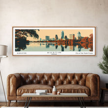 Carregar imagem no visualizador da galeria, Austin Texas Panoramic Painting, Mid Century Modern Framed Canvas Print, Retro Pop Art Travel Poster, Home Decor, City Art
