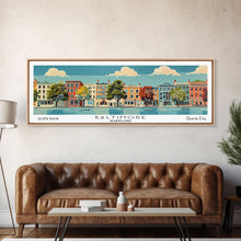 Load image into Gallery viewer, Baltimore Maryland Panoramic Painting, Mid Century Modern Framed Canvas Print, Retro Pop Art Travel Poster, Office Wall Art, City Print
