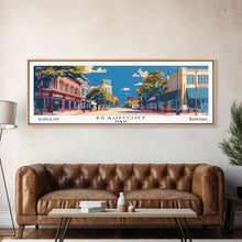 Carregar imagem no visualizador da galeria, Beaumont Texas Panoramic Painting, Mid Century Modern Framed Canvas Print, Retro Pop Art Travel Poster, Living Room Wall Art, City Print
