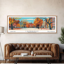 Carregar imagem no visualizador da galeria, Cambridge Massachusetts Panoramic Painting, Mid Century Modern Framed Canvas Print, Retro Pop Art Travel Poster, Home Decor, City Print
