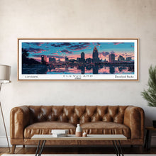 Cargar imagen en el visor de la galería, Cleveland Ohio Panoramic Painting, Mid Century Modern Framed Canvas Print, Retro Pop Art Travel Poster, City Wall Art, Office Decor
