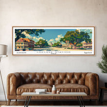 Load image into Gallery viewer, College Station Texas Panoramic Painting, Mid Century Modern Framed Canvas Print, Retro Pop Art Travel Poster, Living Room Art, Home Decor
