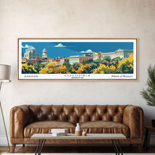 Load image into Gallery viewer, Columbia Missouri Panoramic Wall Art, Mid Century Modern Framed Canvas Print, Retro Pop Art Travel Poster, City Home Decor, Office Wall Art
